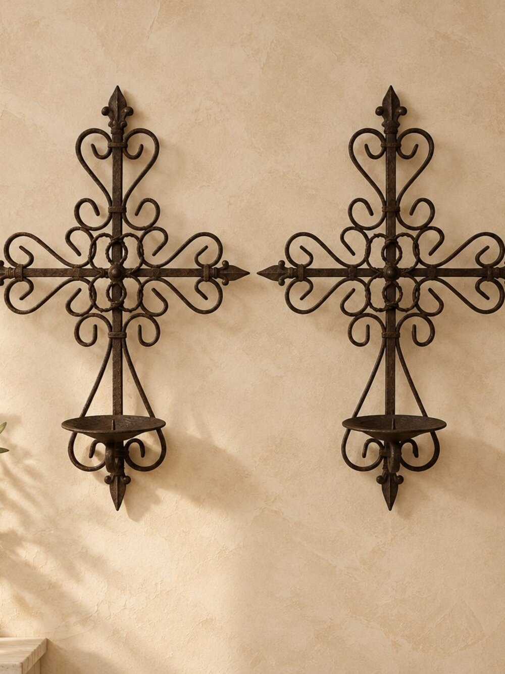 Set of 2 Wrought Iron Wall Cross Candle Holders – Rustic Scrollwork – 13” x 10”